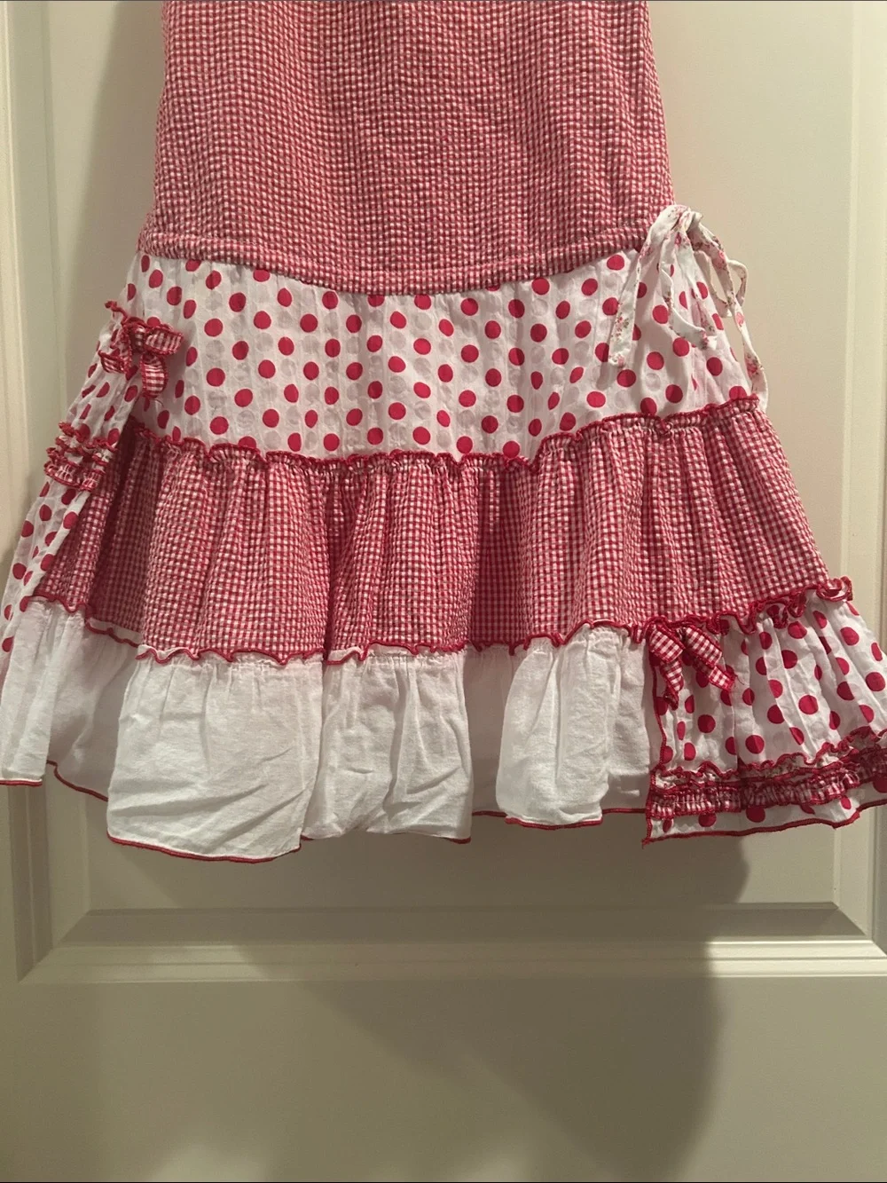 Kate Mack Patchwork Gingham Polka Dot Tiered Halter Sundress size 6 Red & White